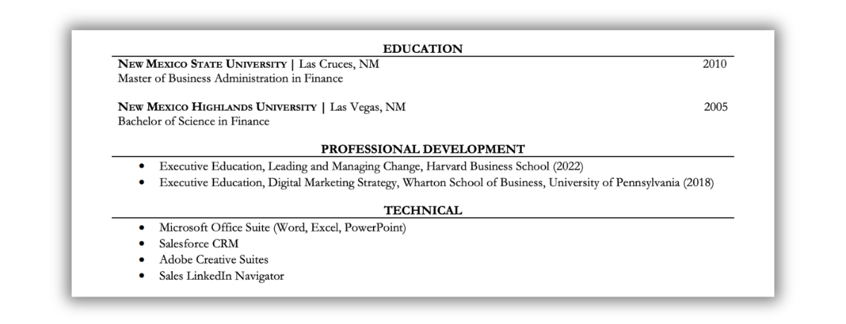Listing Your Education, Certifications, and Technical Skills on Your Sales Resume
