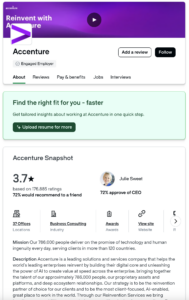 Glassdoor - Resumespice Accenture Company Profile Header with Purple Gradient Banner, Logo, and Action Buttons (add a Review, Follow)