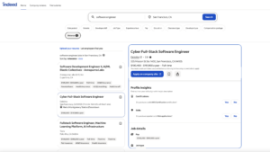 Indeed Job Search Results - Resumespice Screenshot of Indeed Job Search Results Page with Filters and a Large Cyber Full-stack Software Engineer Job Card on the Right Panel