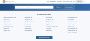 Virtual Vocations - Resumespice Browse Remote Jobs Page with a Three-column Grid of Category Links Under a Bold Heading and a Large 'browse More Jobs' Button Below.