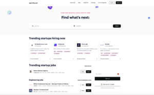 Wellfound - Resumespice Wellfound Homepage Hero with a Rounded White Job Search Bar (job Title and Location) and 'find What's Next' Headline