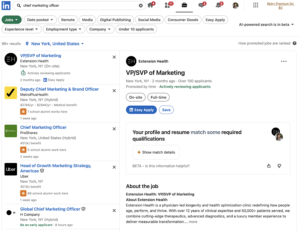 Linkedin Job Search Results - Resumespice Linkedin Jobs Search Results for'chief marketing officer' showing left-side company cards and a highlighted VP/SVP of Marketing listing in New York, NY (On-site) (Active review) with apply options on the right.